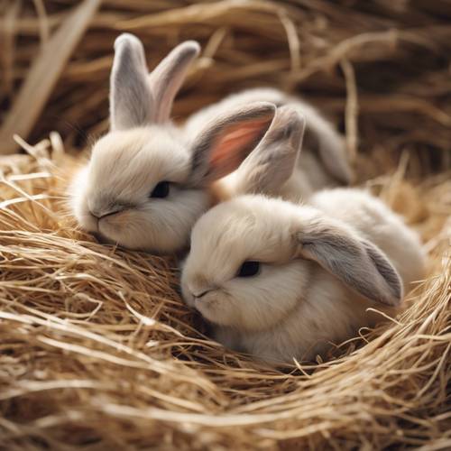 Several baby rabbits adorably bundled together, sleeping on a bed of soft hay.