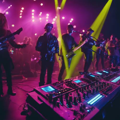 一場未來派的 Y2K 音樂會，電子樂團在霓虹燈閃爍的舞台上演奏。