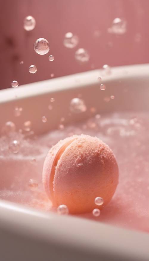 A kawaii-style peach bath bomb fizzing in a marble bathtub filled with warm water and fluffy pink bubbles.
