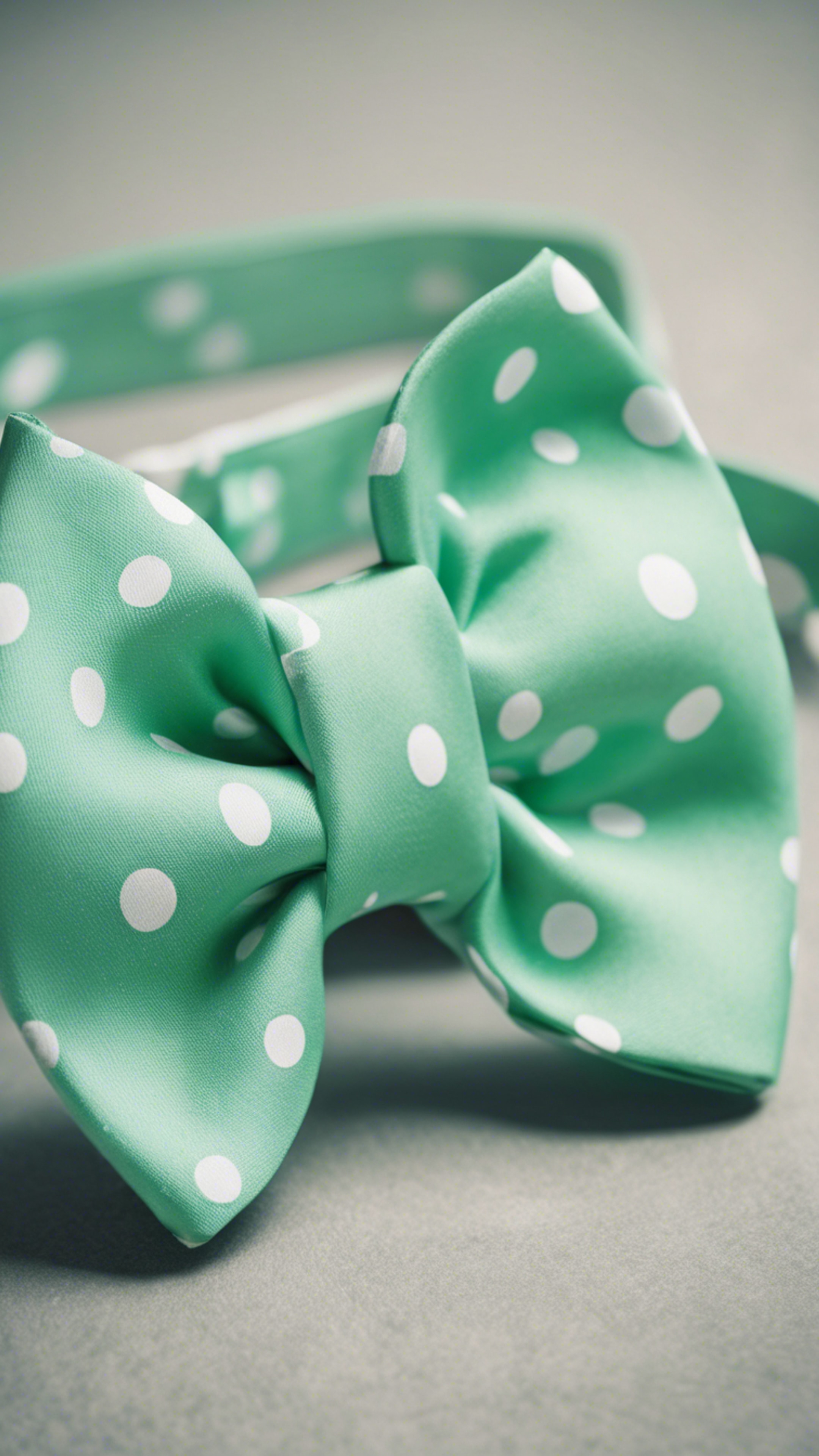 A detailed close-up of a mint green preppy bow tie with white dots. Wallpaper[42f277cb9da742c3b823]