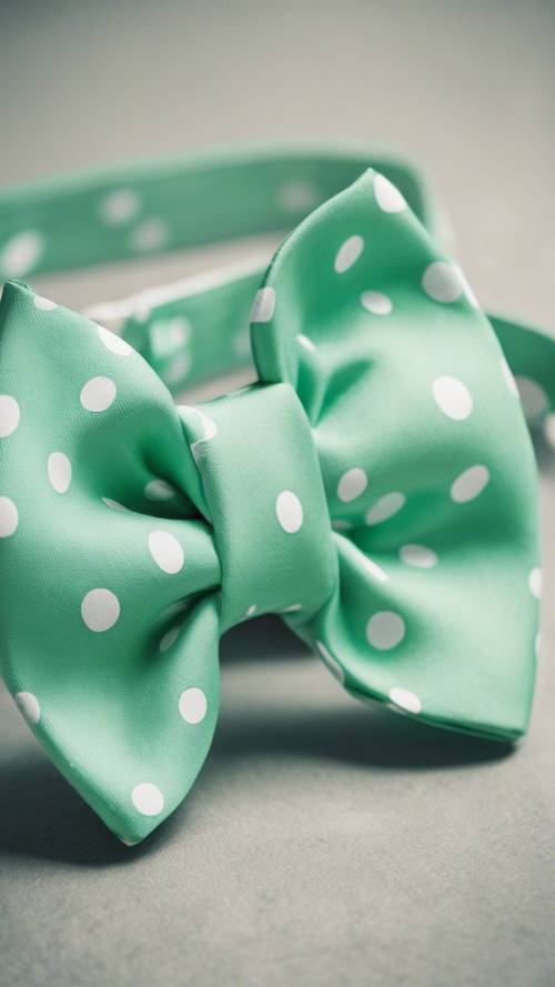 A detailed close-up of a mint green preppy bow tie with white dots.