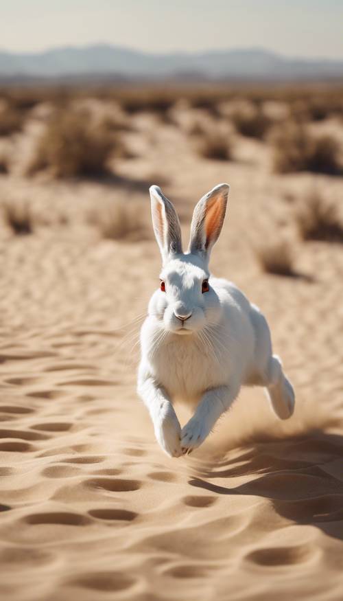 Белый кролик, похожий на зайца, энергично мчится по пескам пустыни.
