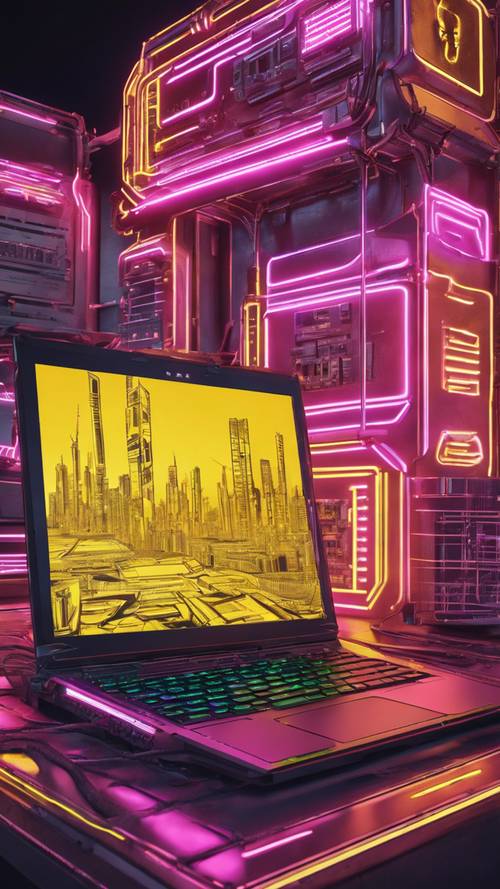 A high-end, futuristic yellow gaming laptop with neon lights illuminating the keyboard.