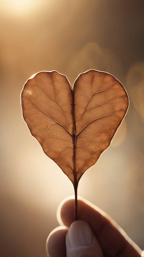 A close-up of a small, delicate, brown leaf in the shape of a heart held against the light.