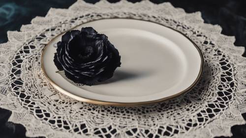 A black eustoma flower set on an elegant lace doily at the center of the dining table.