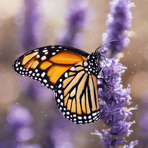 Una mariposa monarca sentada sobre una brillante ramita de lavanda.