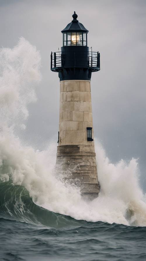 מבט על מגדלור מאניסטי שנפגע על ידי גלים חזקים במהלך סערה דרמטית של אגם מישיגן.