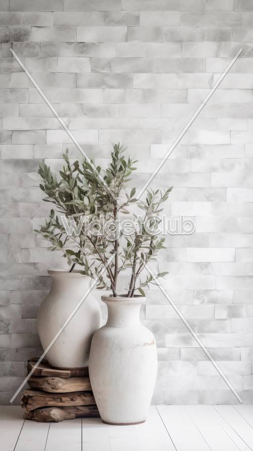 Vasos brancos elegantes com planta verde para uma decoração tranquila