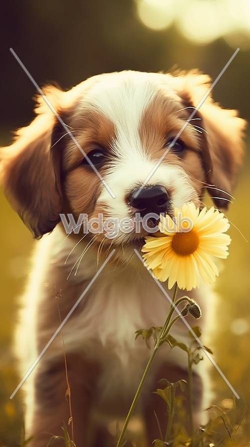 노란 꽃을 들고 있는 귀여운 강아지