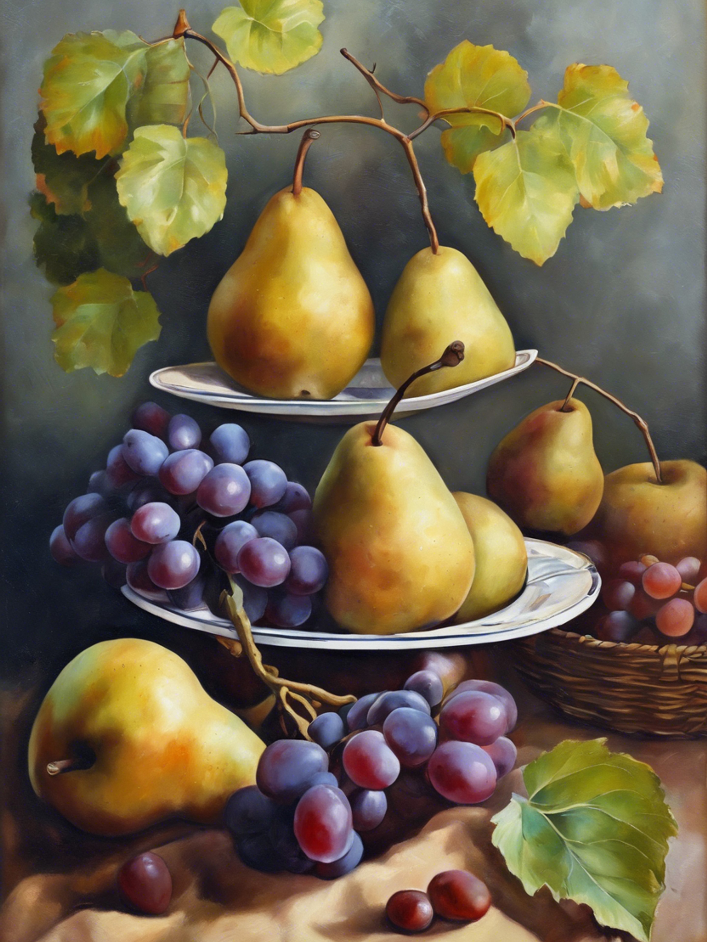 A vintage oil painting showcasing a still life of pears and grapes. Tapeta[9e556c34ce824a50b67f]