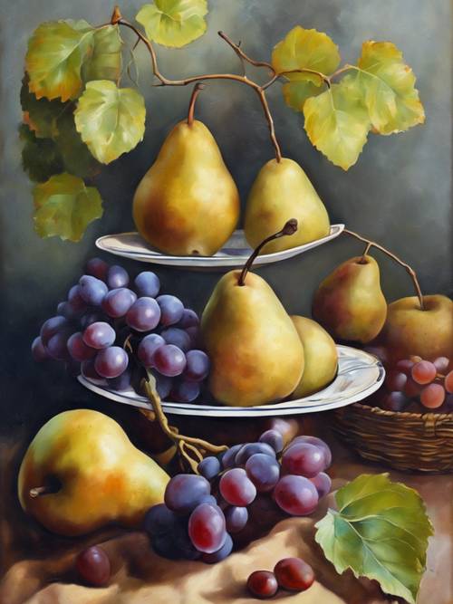 Un dipinto a olio vintage che mostra una natura morta di pere e uva.