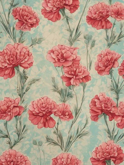 A whimsical floral pattern on a vintage wallpaper, blooming with carnations of all colors and sizes.