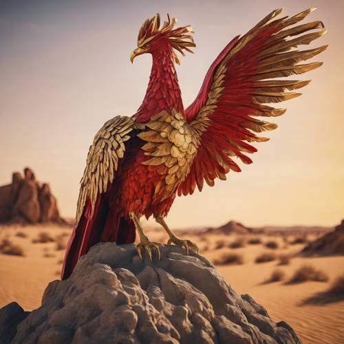 A robust phoenix with interspersed plumage of fiery red and golden yellow perched upon a stone monolith in a desert expanse.