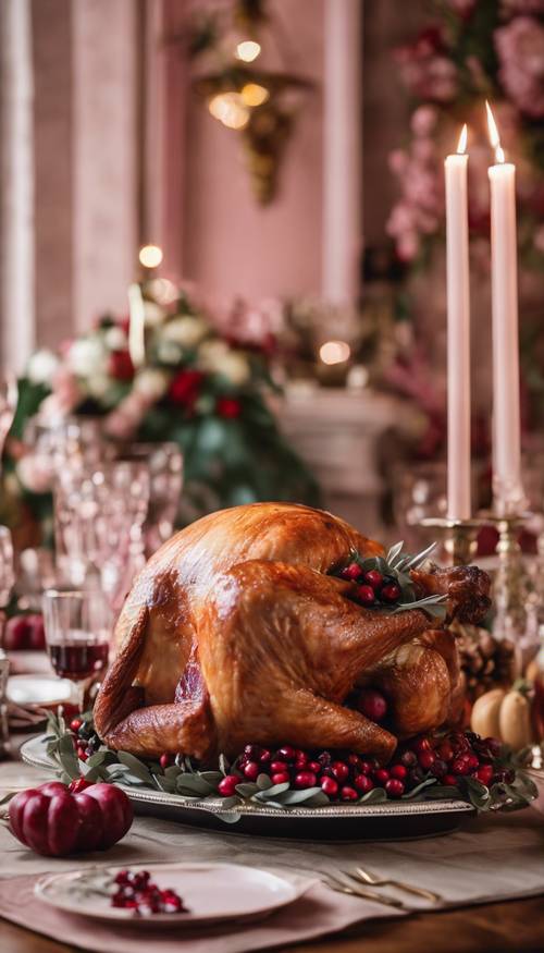 A Thanksgiving turkey with a blush pink hue, garnished with cranberries and sage in a fancy dining room.