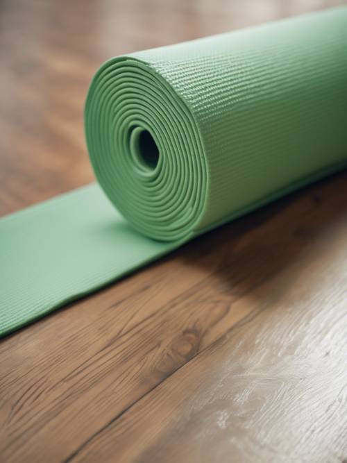 A light green yoga mat rolled out on a hardwood floor.