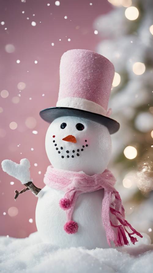 Una postal navideña vintage en rosa y blanco que representa a un alegre muñeco de nieve sobre un fondo nevado.