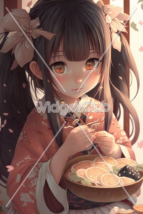 Belle fille en kimono de printemps tenant un bol de fruits