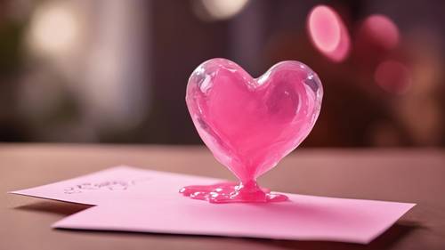 A pink heart-shaped slime sitting on top of a Valentine's card in a romantic setting.