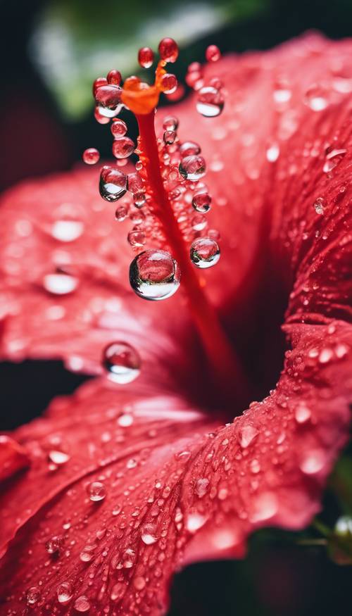 A detailed macro shot of droplets on a vibrant red hibiscus petal.