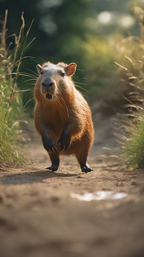 A playful image depicting a capybara kid chasing its own tail.