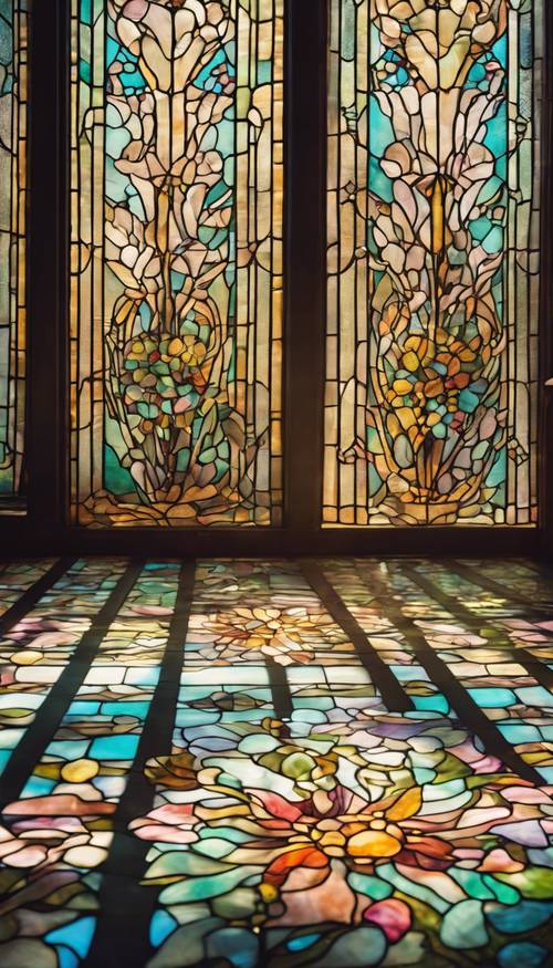 A stained glass window showcasing a vibrant art nouveau floral pattern, the sunlight casting multi-colored reflections on the floor. Taustakuva [6e8f91bcd043491f8826]