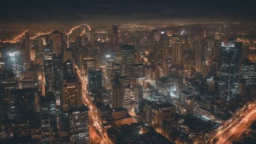 Eine ruhige Szene der Skyline einer Stadt bei Nacht, mit dem Zitat „Wir sind uns nicht bewusst, dass irgendwo in uns allen ein höheres Selbst existiert, das ewigen Frieden findet.“ das die Gebäude erleuchtet. Hintergrund [a15dd2610e08426498a9]