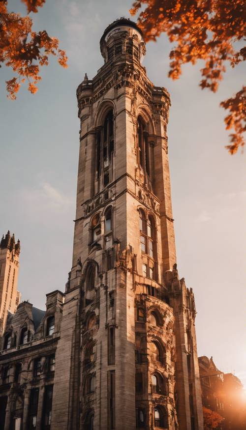 Sunset casting warm hues over the intricate, gothic architecture of the Chicago Water Tower.