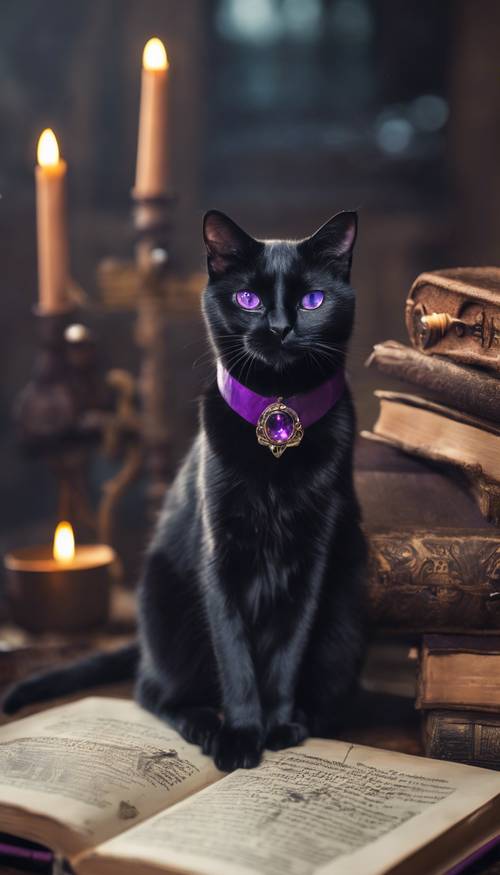 Um gato preto com olhos roxos brilhantes sentado em cima de um livro antigo e cheio de magia.