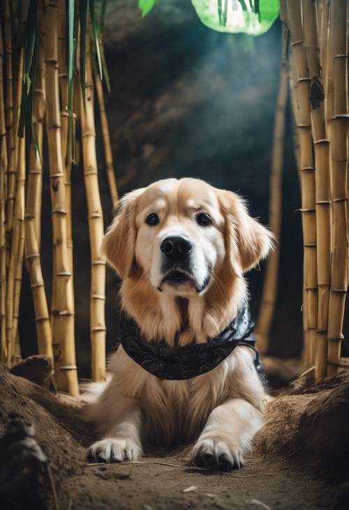 Um Golden Retriever fantasiado de panda kawaii, sentado em uma caverna feita de brotos de bambu.