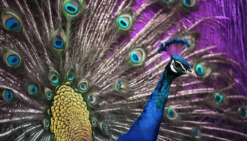 Un magnifico pavone dal piumaggio viola metallizzato.
