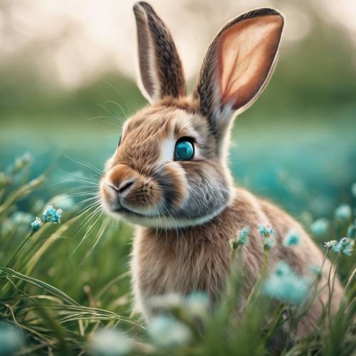 Primer plano retrato de un hermoso conejo con ojos azul agua, sobre un fondo de hierba fresca de primavera.