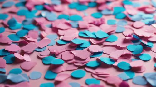 A macro shot of blue & pink pastel-colored confetti on a flat surface.