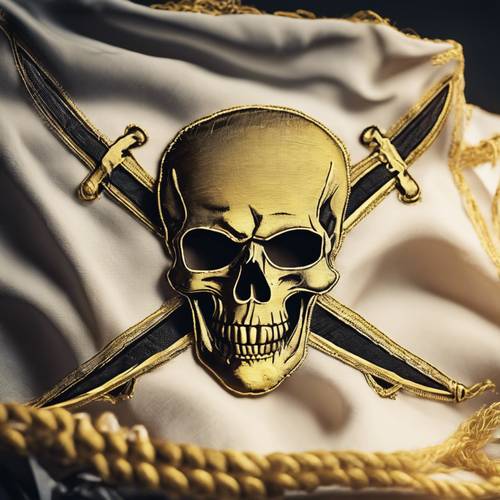 A pirate flag featuring a skull and crossed swords woven from golden thread.