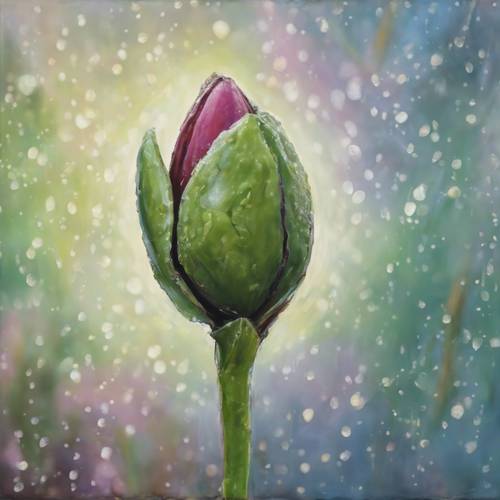 A modern, textured oil painting of a flower bud about to bloom.