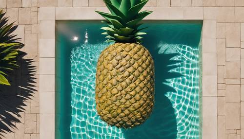 An overhead shot of a large pool float shaped like a pineapple, floating in still waters of a tranquil pool during summer.