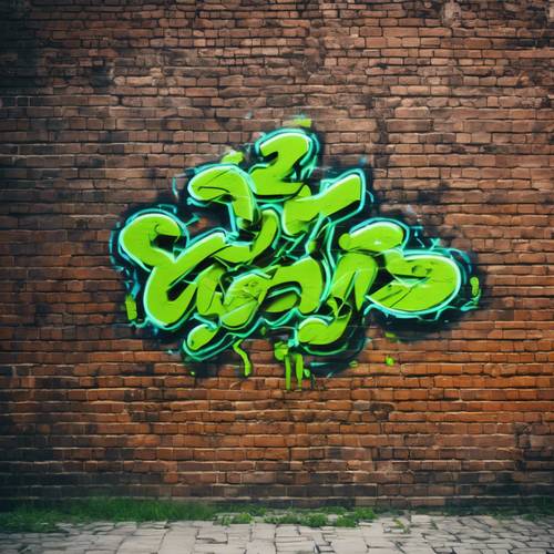 Kentsel bir ortamda eski bir tuğla duvara havalı neon yeşili grafiti.