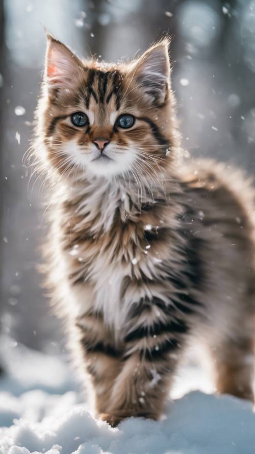 A Maine Coon kitten in the wilderness, its fur blending in gracefully with the snowy terrains of a winter forest.