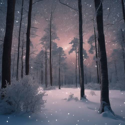 Một khu rừng mùa đông được bao phủ bởi ánh sao trong một đêm quang đãng.