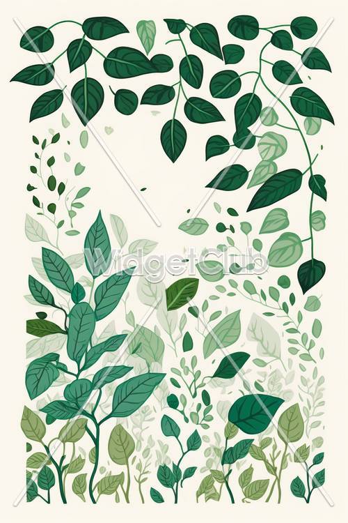 穏やかな部屋にぴったりの緑の葉っぱ柄の壁紙