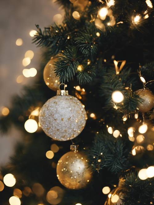 شجرة عيد الميلاد طويلة من خشب التنوب الأسود مزينة بأضواء بيضاء متلألئة وحلي ذهبية.