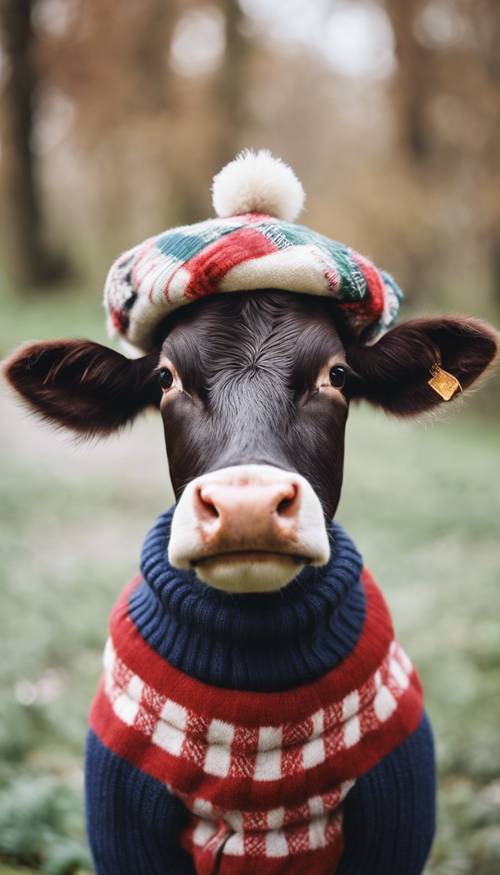 一头穿着学院风菱形花纹毛衣和贝雷帽的快乐奶牛