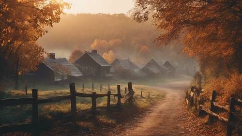 Matahari terbenam yang berkabut dan indah di atas desa kecil yang tenang di tengah hutan musim gugur.