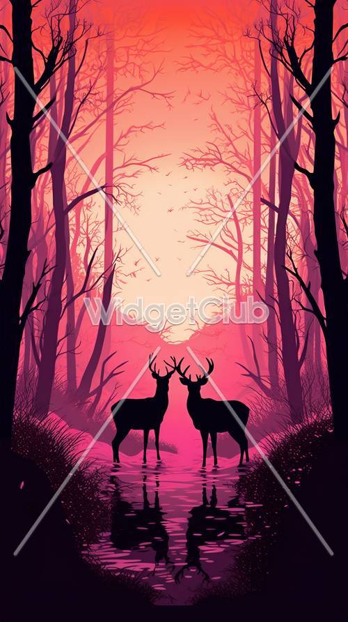 夕日に輝く鹿たちのいる魔法の森の風景