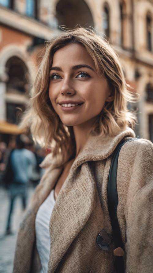Một người phụ nữ thuộc thế hệ Millennial đang chụp ảnh tự sướng ở quảng trường thành phố nhộn nhịp, khuôn mặt rạng rỡ vì thích thú.