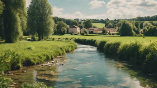 Idyllic French countryside with a crystal clear river flowing through, adjacent to lush, green farms.
