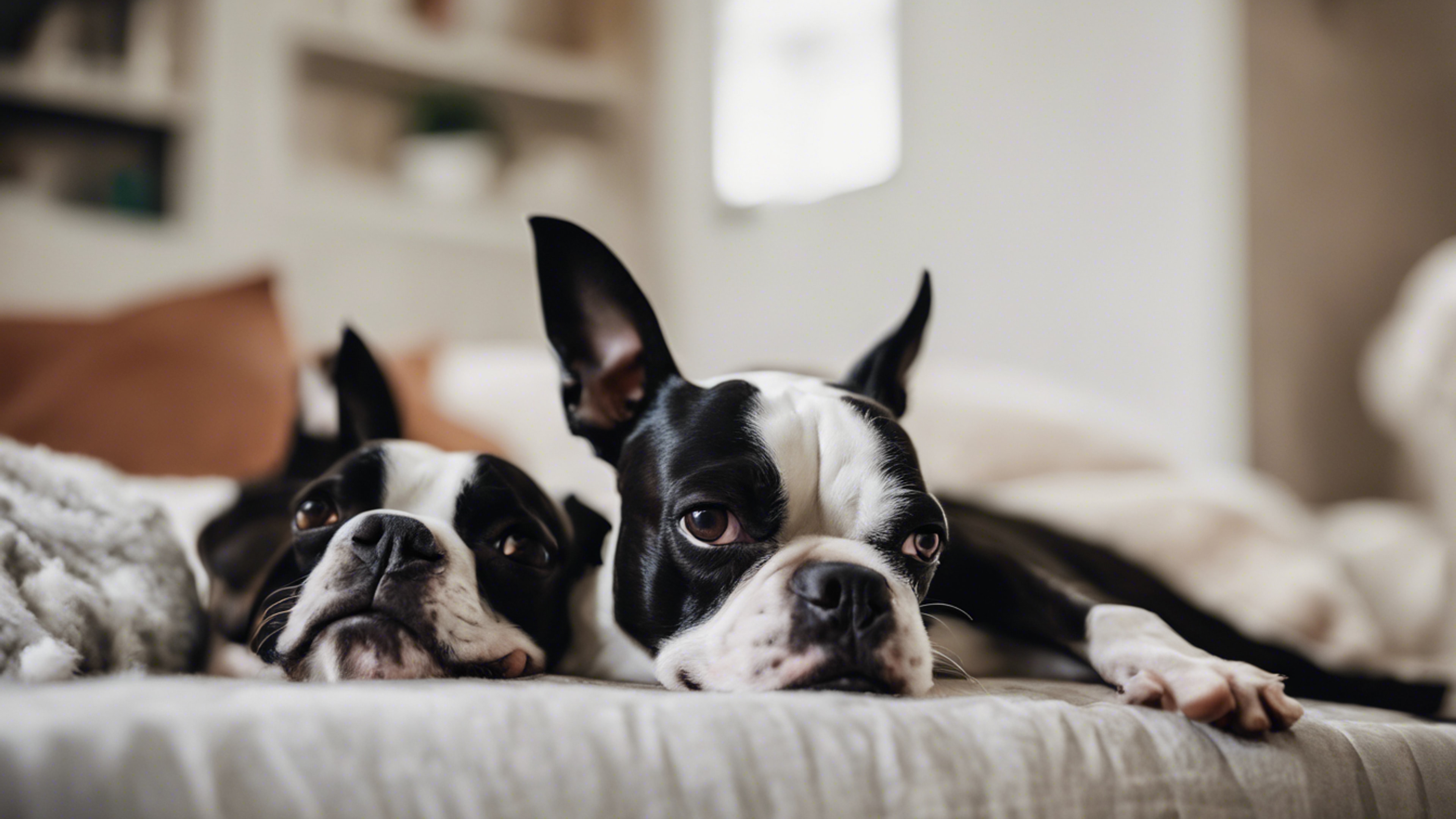 Two Boston Terriers laying comfortably on their sides, dozing away the afternoon in a suburban home. Tapeta[f1fad920e9554f308ac1]