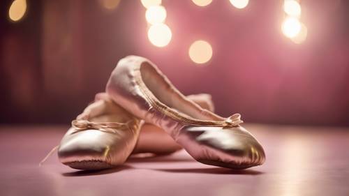 A ballerina's pointe shoes in gold and pink under the theatre spotlight.