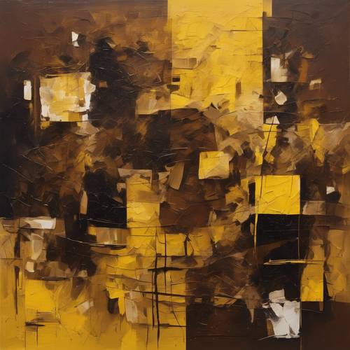 Un dipinto cubista astratto marrone scuro e giallo brillante.