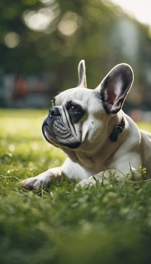 Un bulldog francese che si gode un pomeriggio pigro in un lussureggiante parco verde
