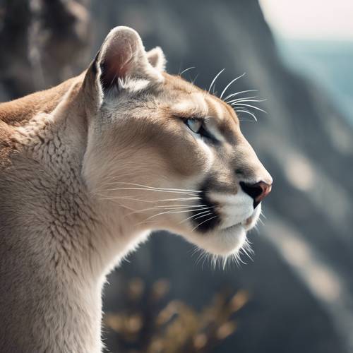 White fur cougar staring intensely into the distance from atop a high cliff